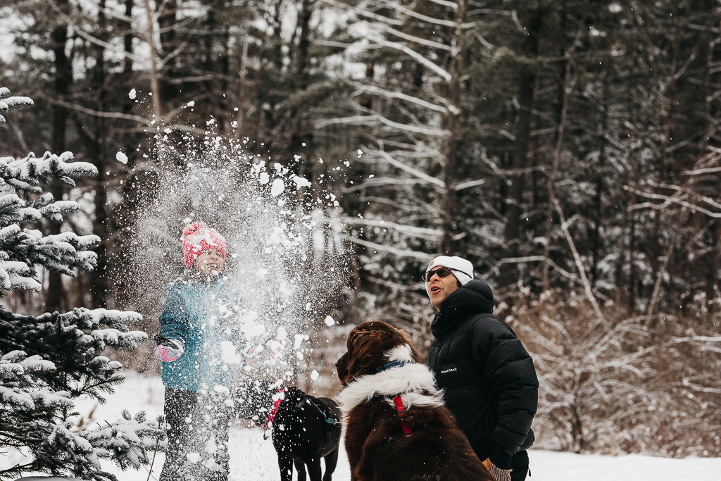 A little girl has just thrown some fluffy snow up in the air. Her Dad and two dogs look on.