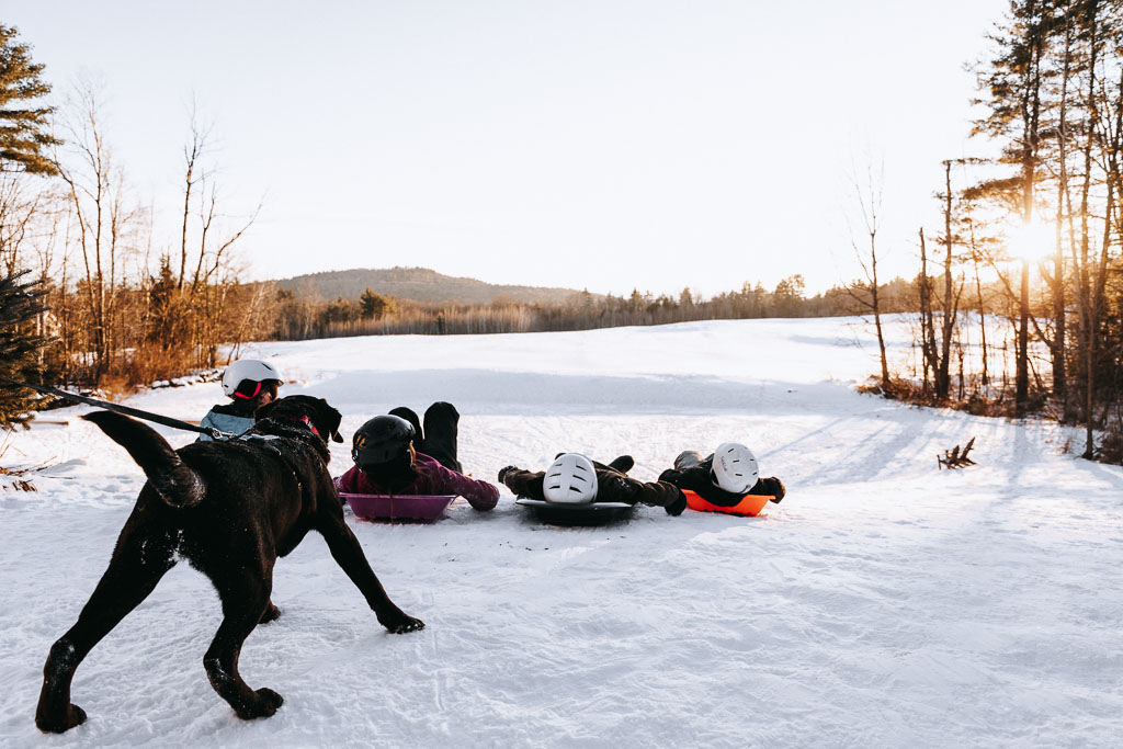 Vermont winter family photo. Kids sledding a puppy who wants to chase them.