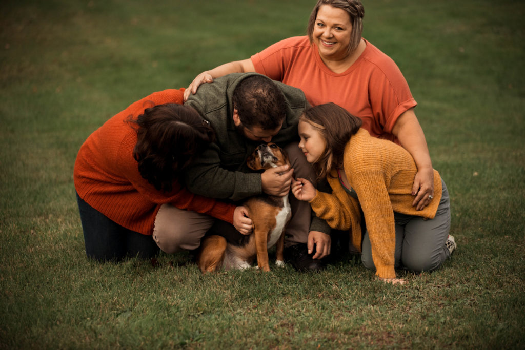 Parents with two daughter and their dog at a Vermont Family Photo Session. 