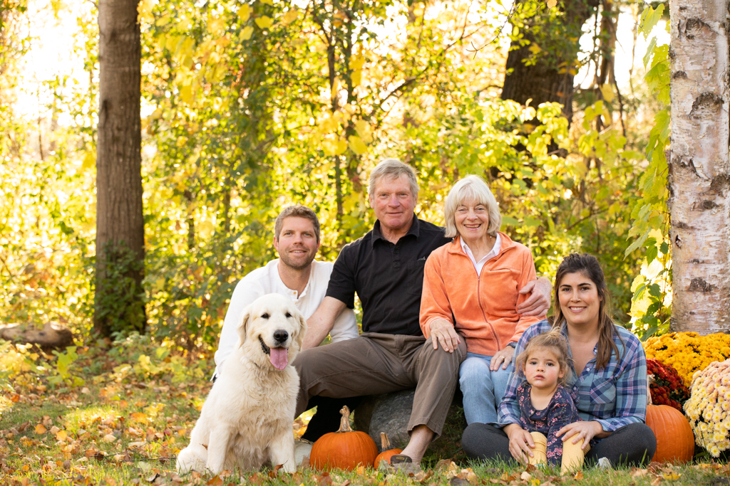 A family reunion -- grandparents, adult son with his wife and toddler and a super cute golden retriever! 