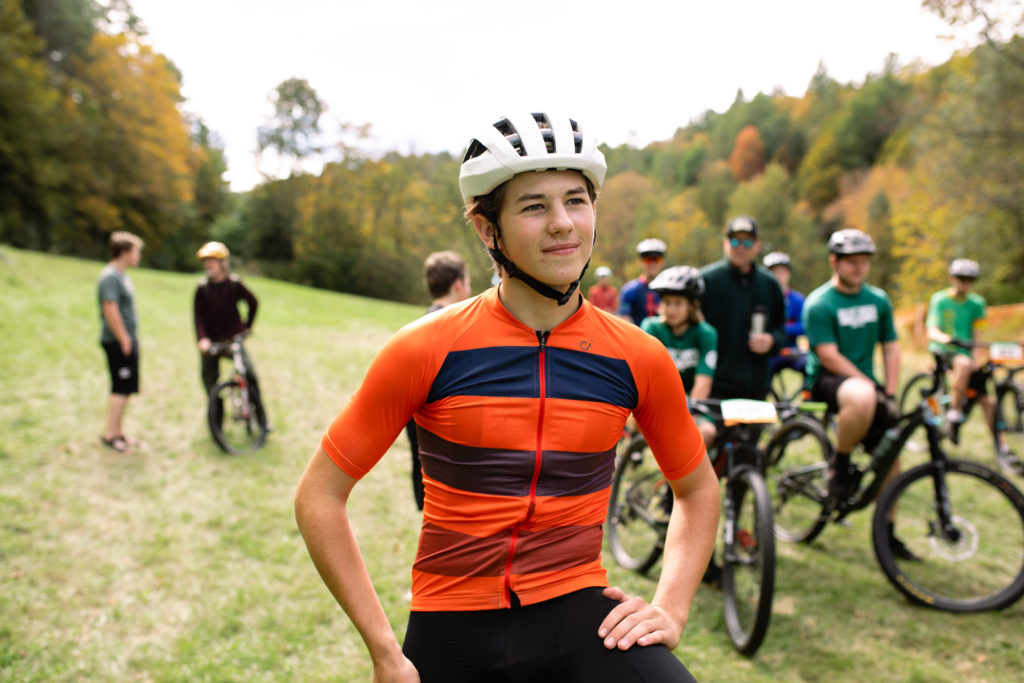 A teenager gets ready to start a mountain bike race.